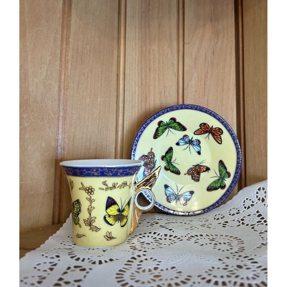 Vintage Fine Porcelain Espresso Yellow Butterfly Cup & Saucer Set Classic Coffee - Picture 2 of 8